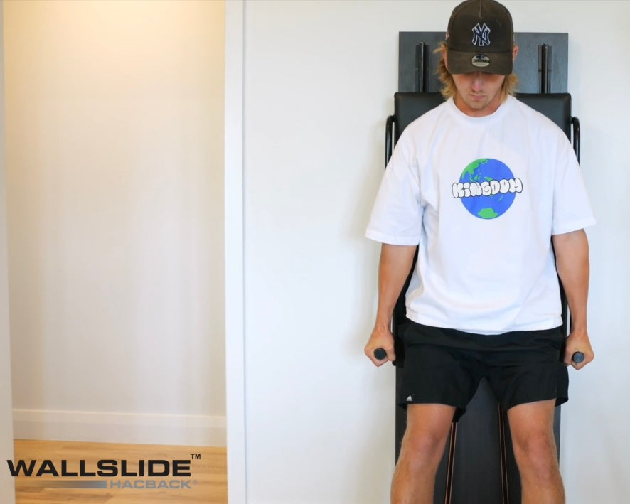 The Wall Squat WallSlide™ Package in Raised Position. Package Includes, 1 x WallSlide™, 1 x Calf Raise Stepper, 1 x Spare Custom Made Band Set, Gst Included. Shipping $100 NZ Wide, Thank you.